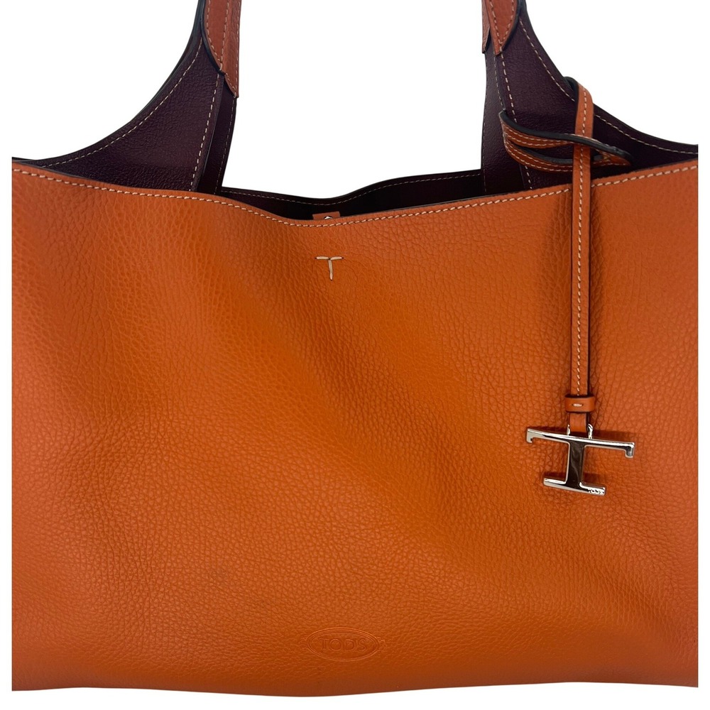 Tod's Medium Leather Tote Bag Orange Burgundy - Picture 7 of 16